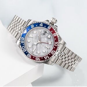 Stainless Steel GMT Watch with Blue & Red Bezel